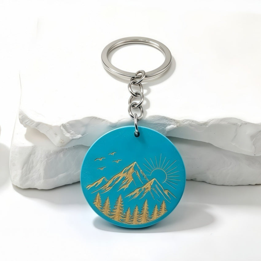 Mountain Sunrise Wood Keychain With Etched Pines - Blue