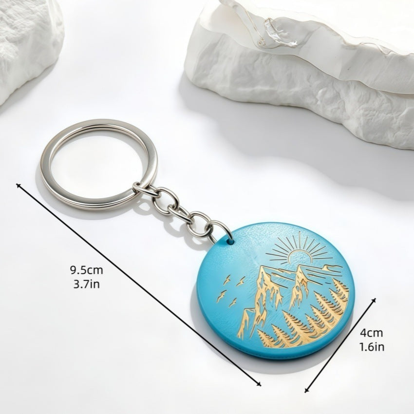 Mountain Sunrise Wood Keychain With Etched Pines - Blue - 1