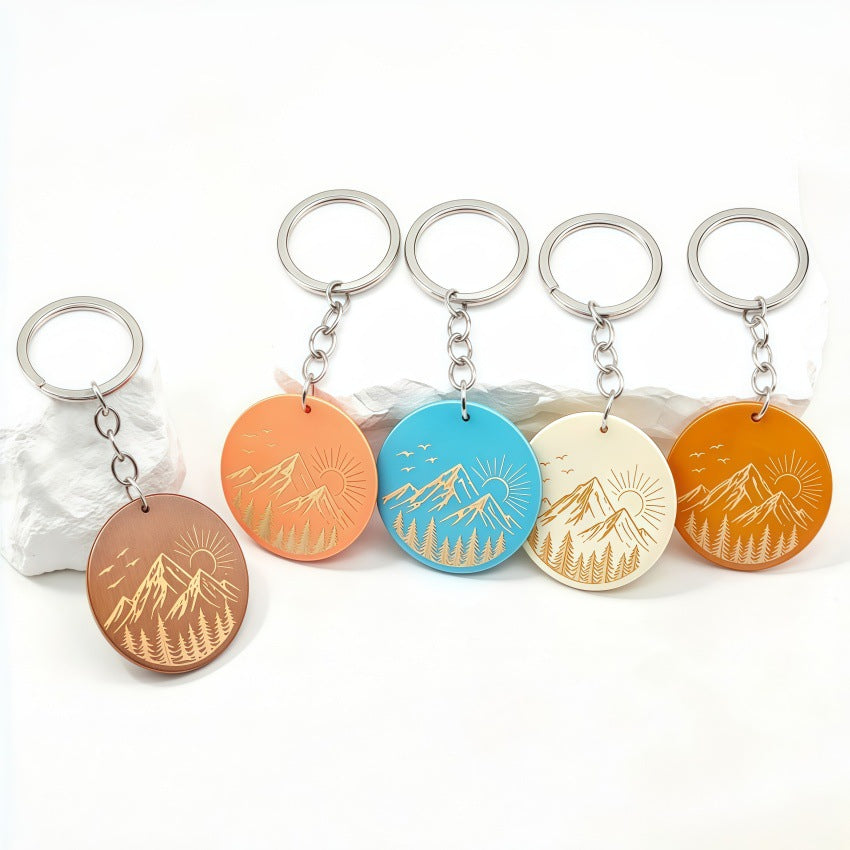 Mountain Sunrise Wood Keychain With Etched Pines - Blue - 2