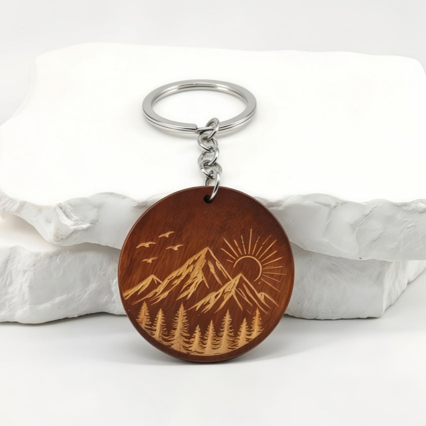 Mountain Sunrise Wood Keychain With Etched Pines - Coffee