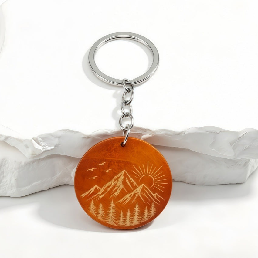 Mountain Sunrise Wood Keychain With Etched Pines - Khaki