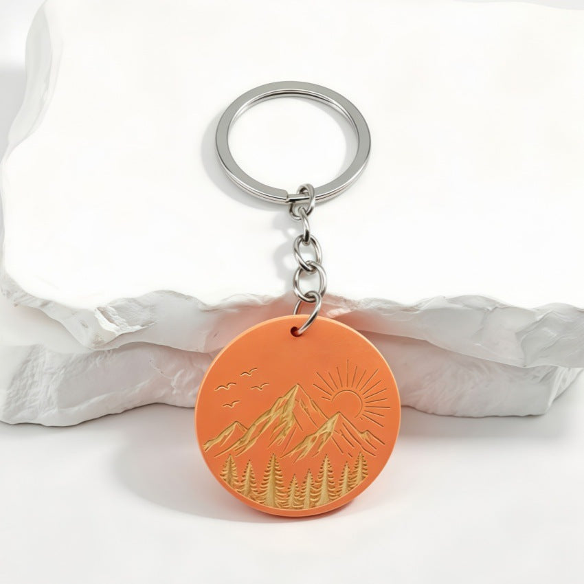 Mountain Sunrise Wood Keychain With Etched Pines - Pink