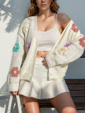 Crochet Flower Applique Button Cardigan - White