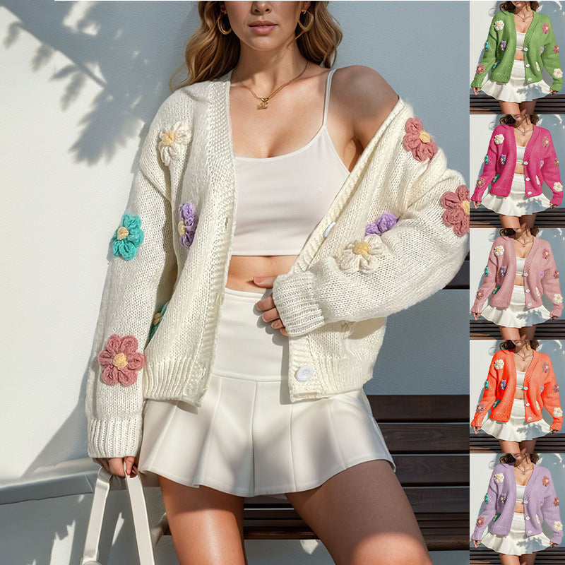 Crochet Flower Applique Button Cardigan