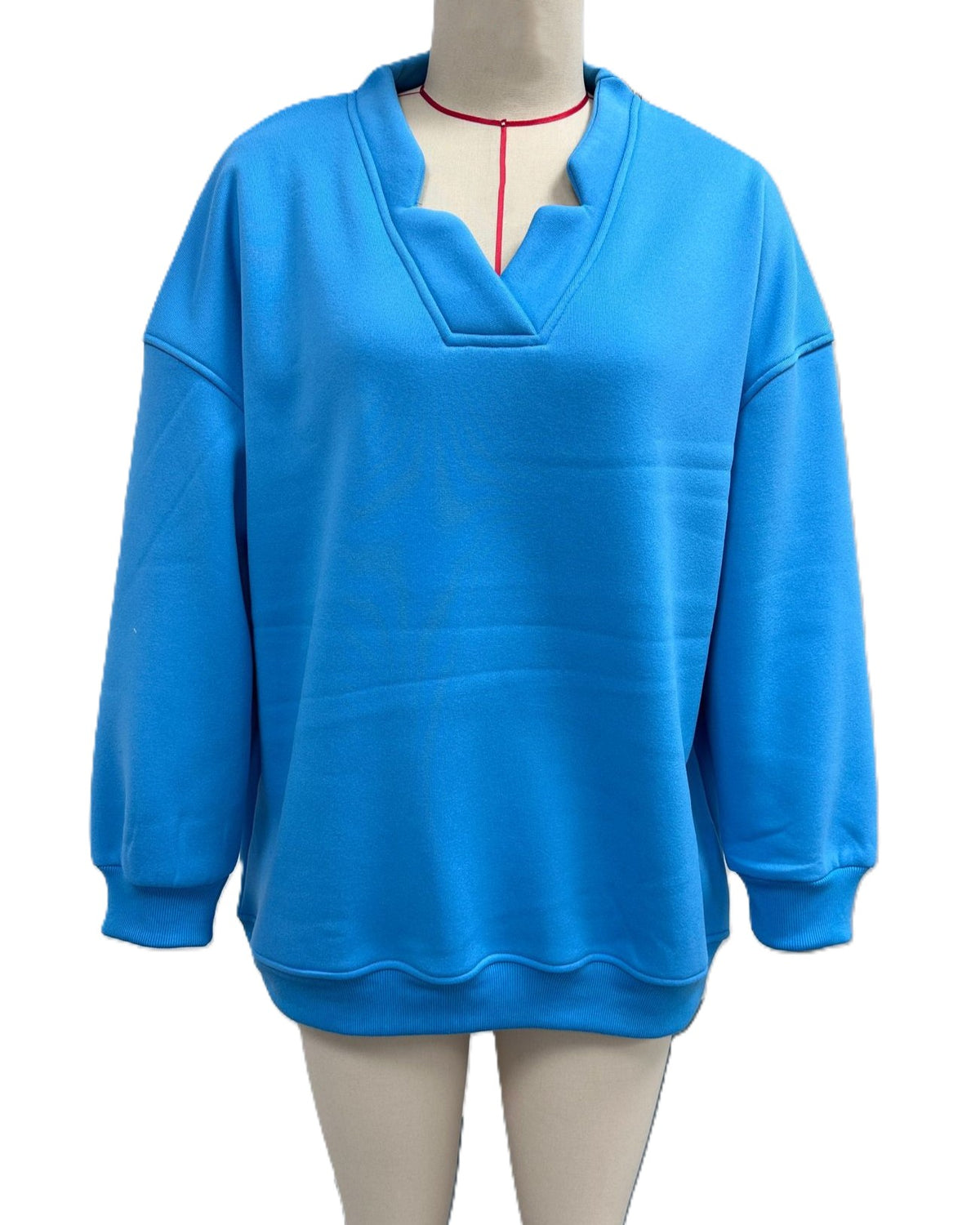 Notch V Neck Drop Shoulder Oversized Sweatshirt - Blue