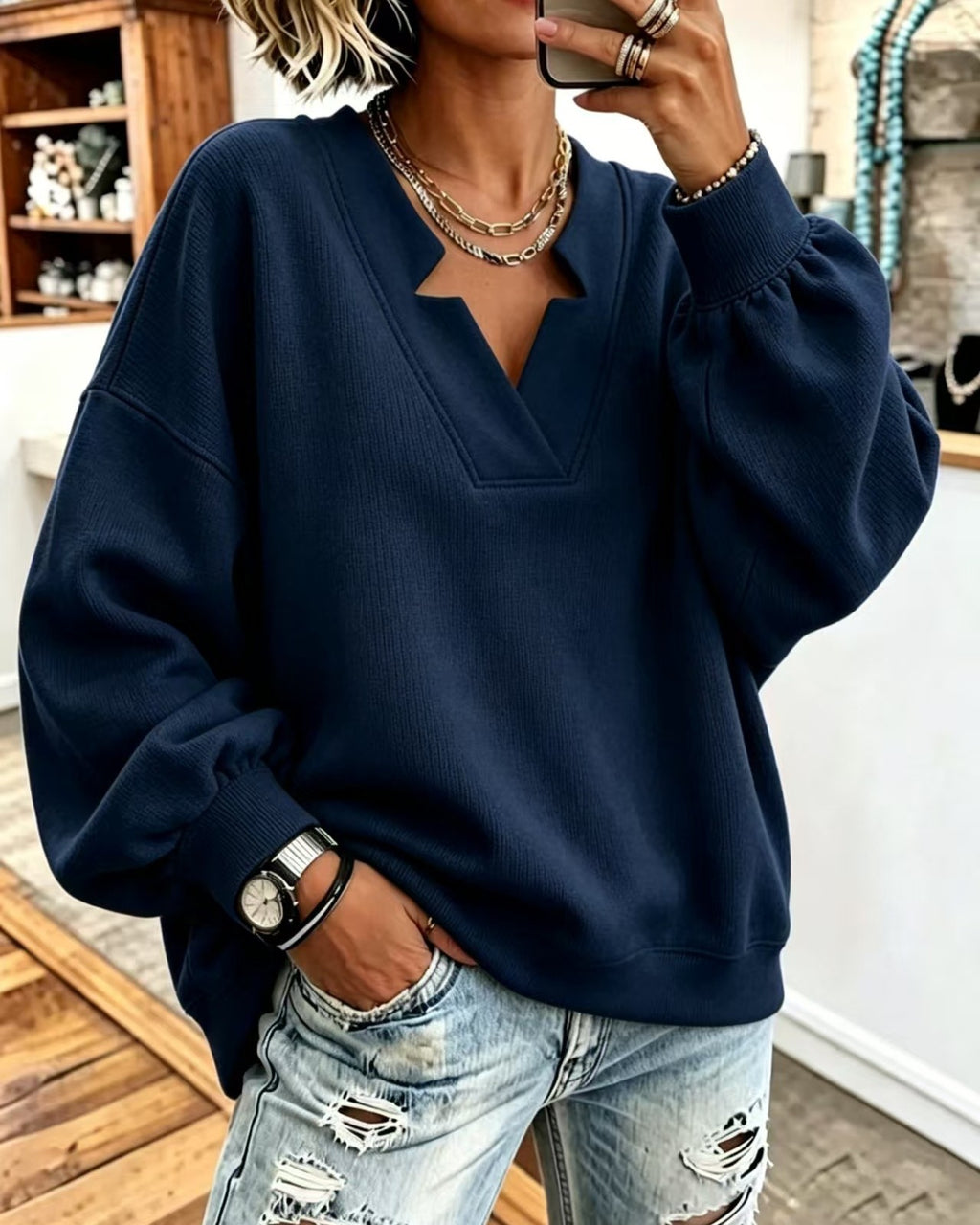 Notch V Neck Drop Shoulder Oversized Sweatshirt - Navy
