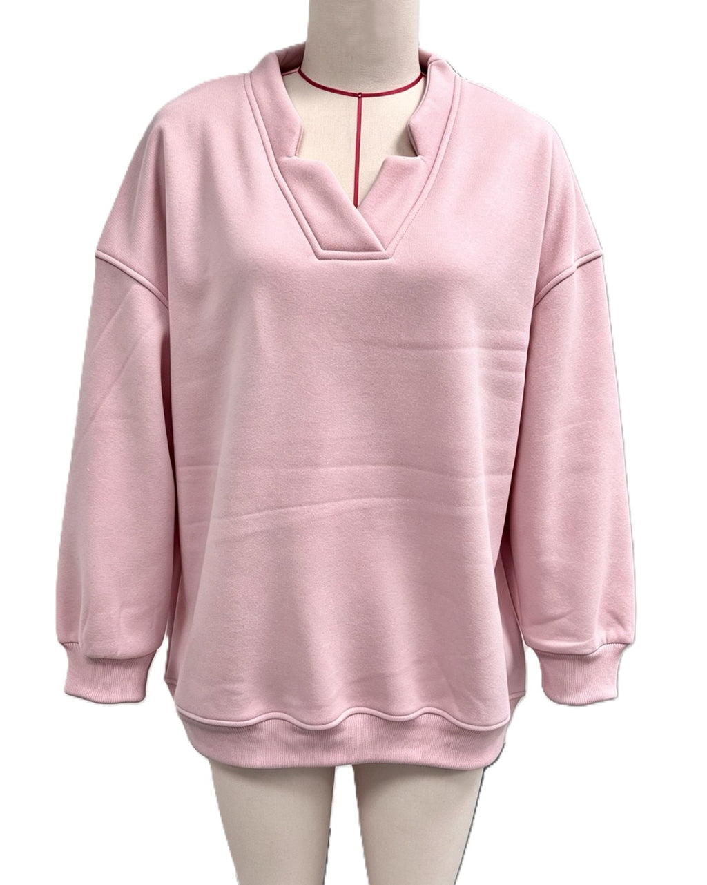 Notch V Neck Drop Shoulder Oversized Sweatshirt - Pink