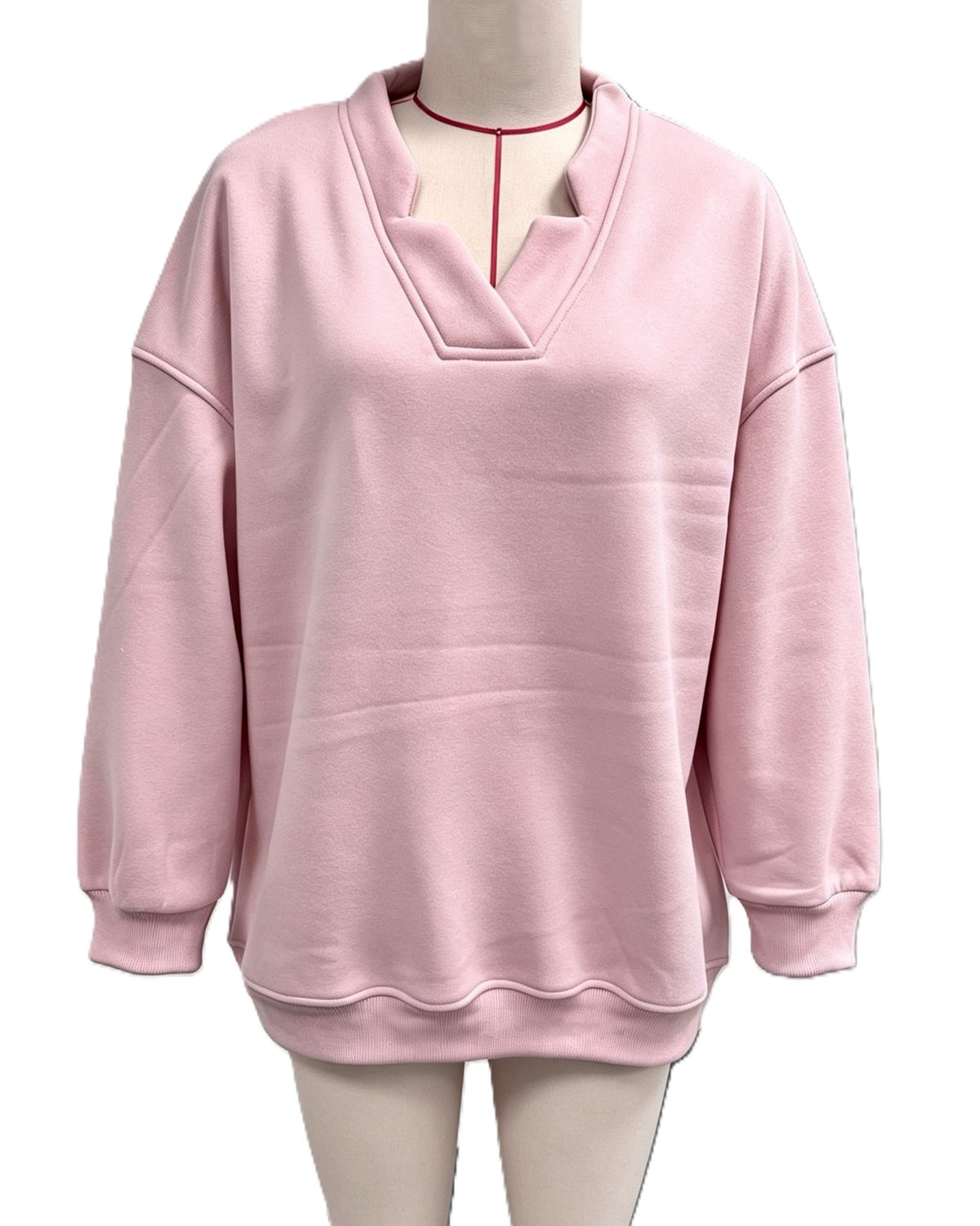 Notch V Neck Drop Shoulder Oversized Sweatshirt - Pink