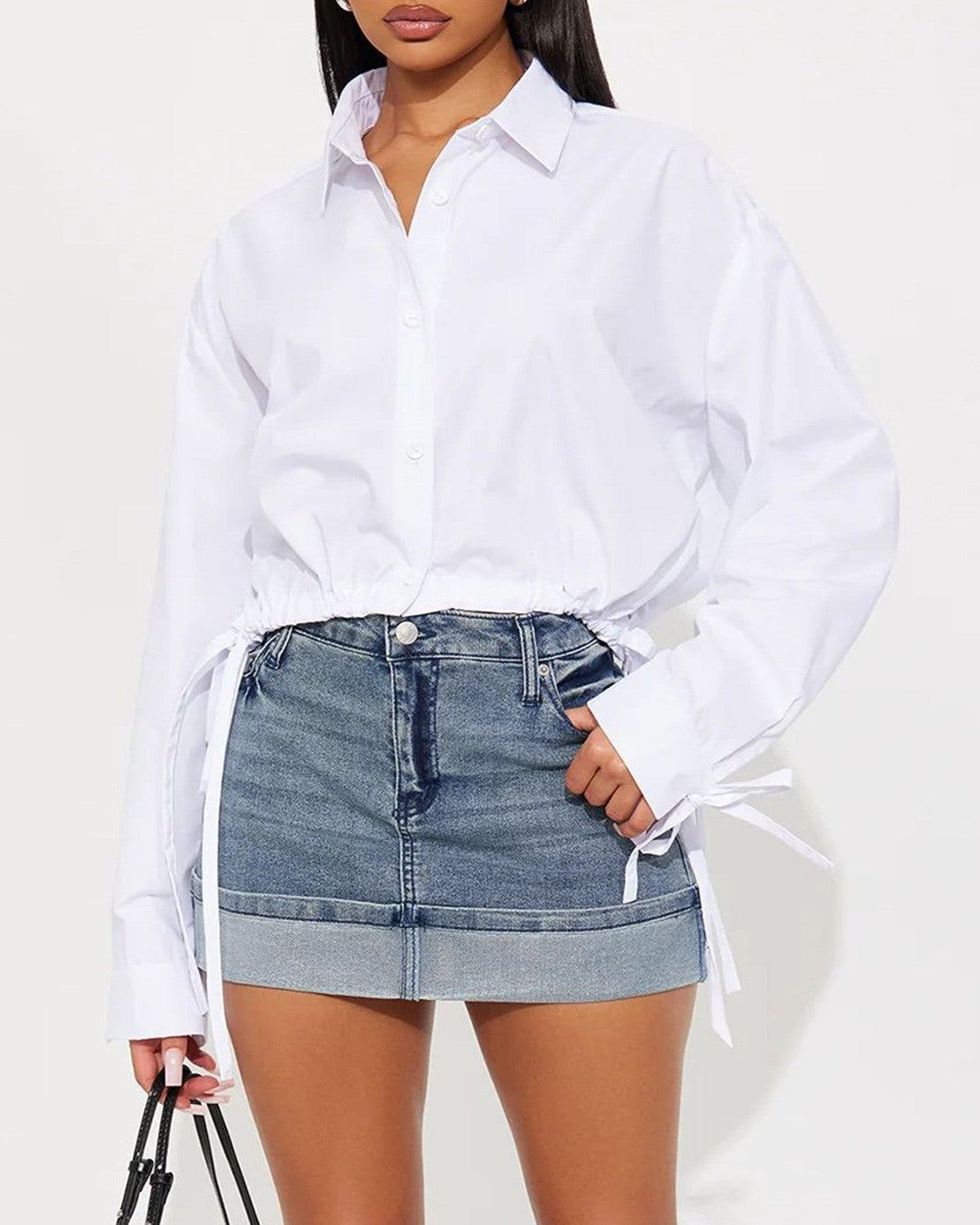 Oversized Cropped Drawstring Hem Shirt - White