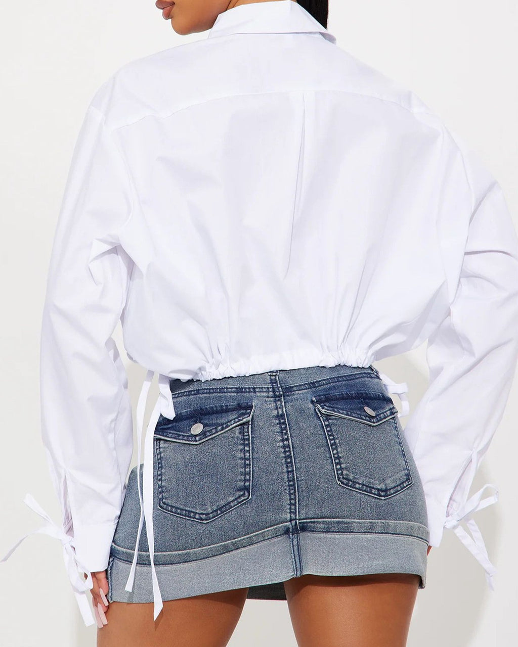 Oversized Cropped Drawstring Hem Shirt - White - 2
