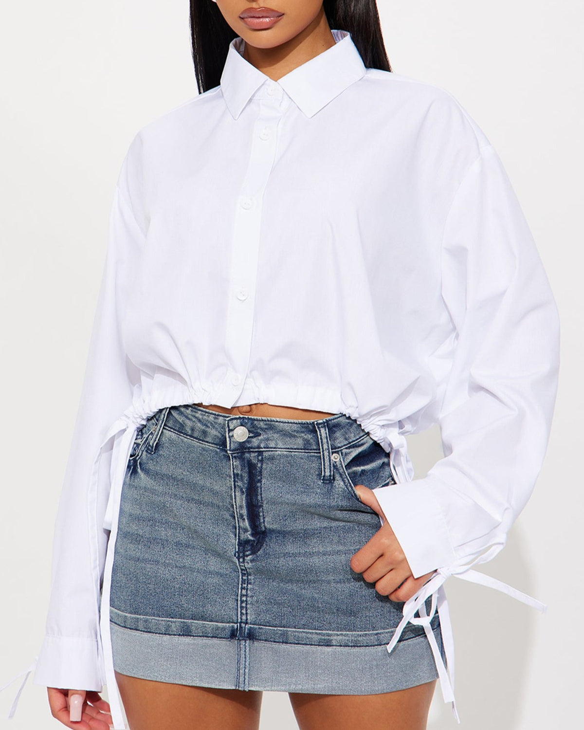 Oversized Cropped Drawstring Hem Shirt - White - 3
