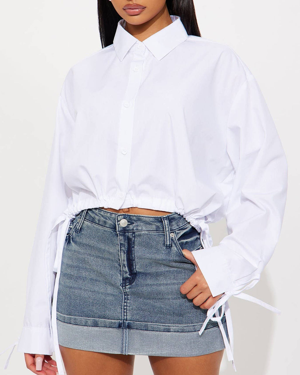 Oversized Cropped Drawstring Hem Shirt