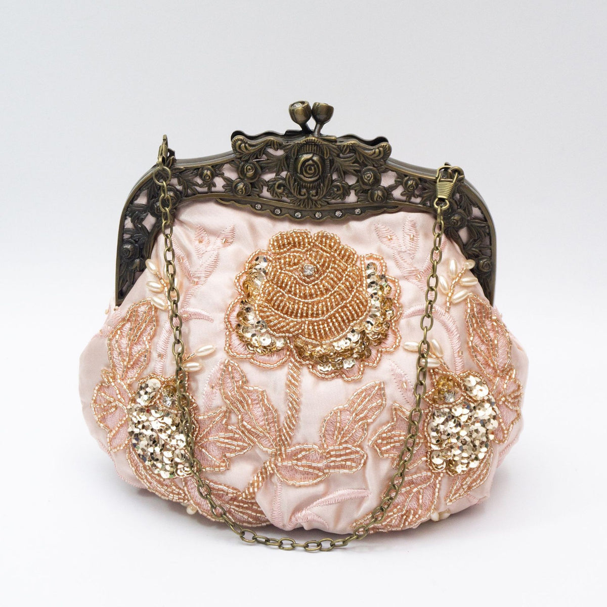 Vintage Beaded Rose Kiss Lock Evening Bag - Champagne Pink