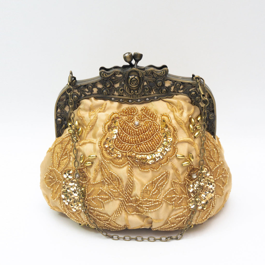 Vintage Beaded Rose Kiss Lock Evening Bag - Gold