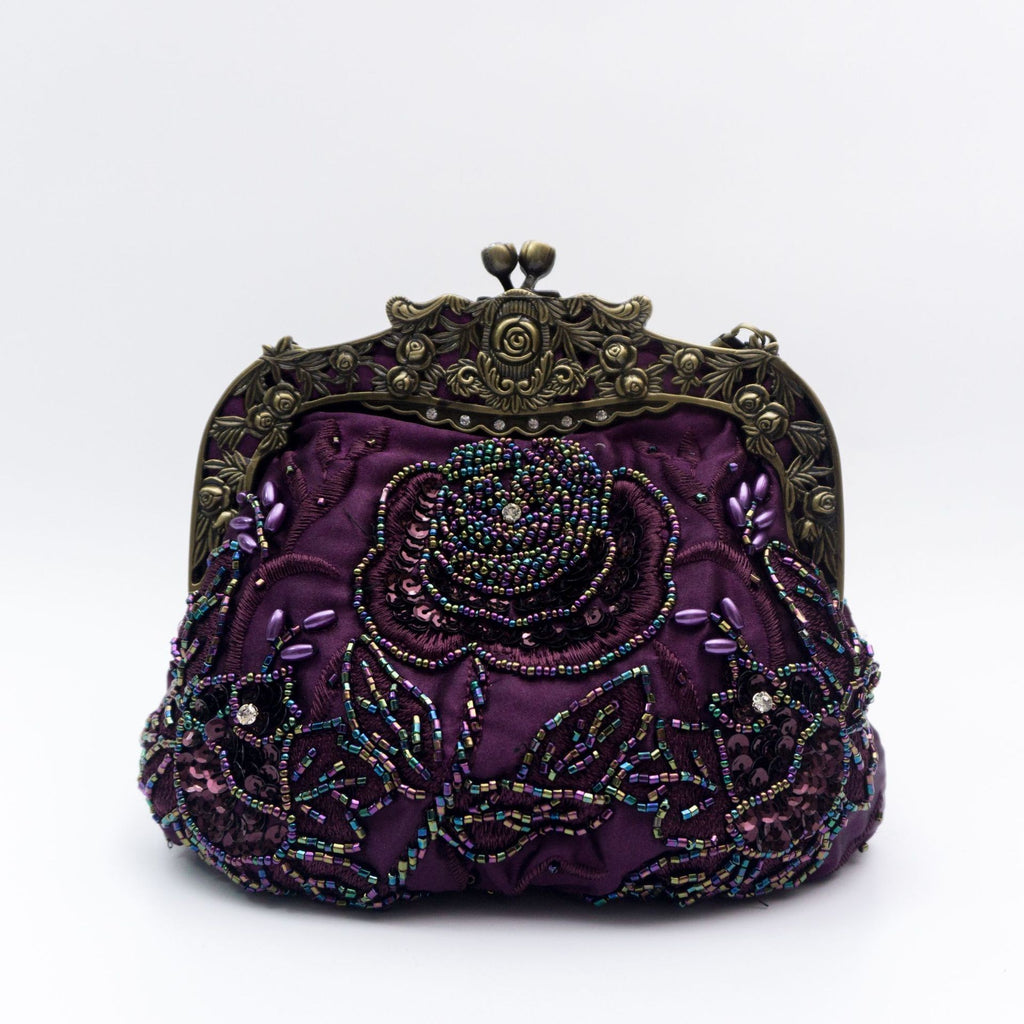 Vintage Beaded Rose Kiss Lock Evening Bag - Purple