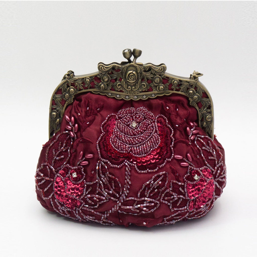 Vintage Beaded Rose Kiss Lock Evening Bag - Wine