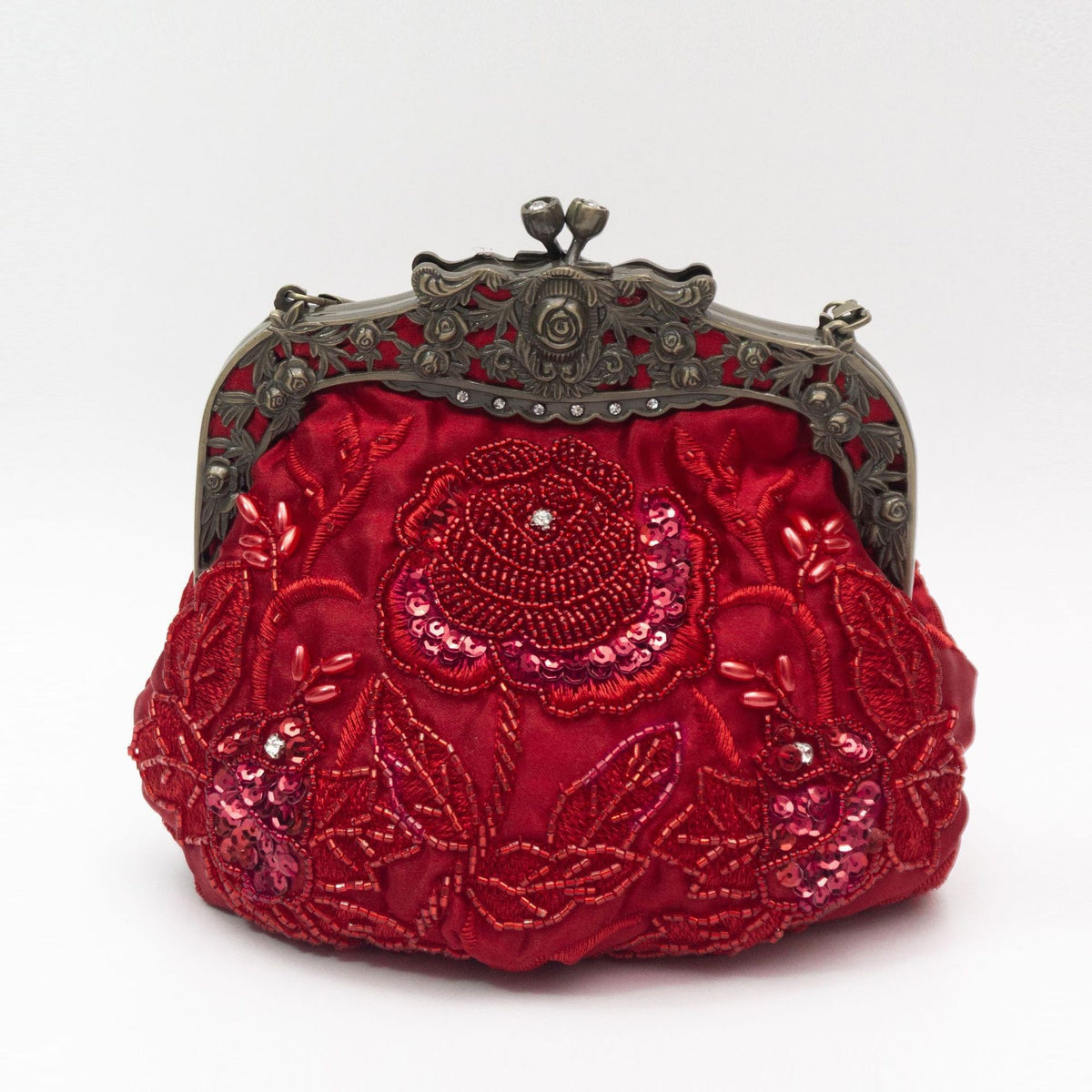 Vintage Beaded Rose Kiss Lock Evening Bag