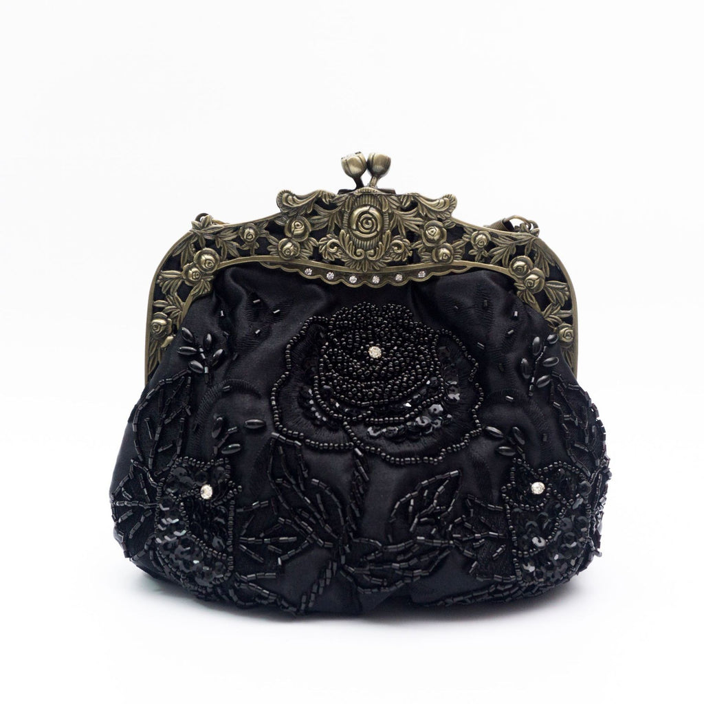 Vintage Beaded Rose Kiss Lock Evening Bag