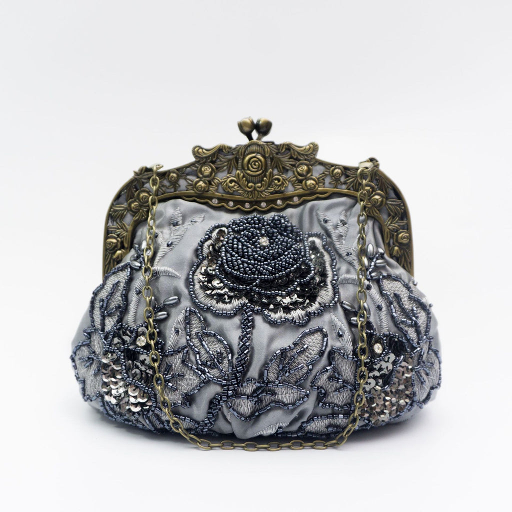 Vintage Beaded Rose Kiss Lock Evening Bag