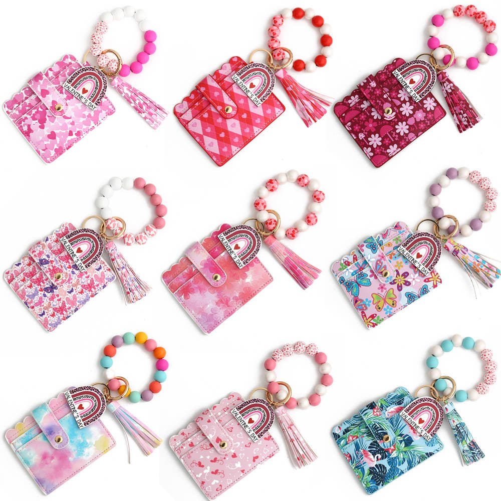 Heart Print Card Wallet Wristlet Keychain