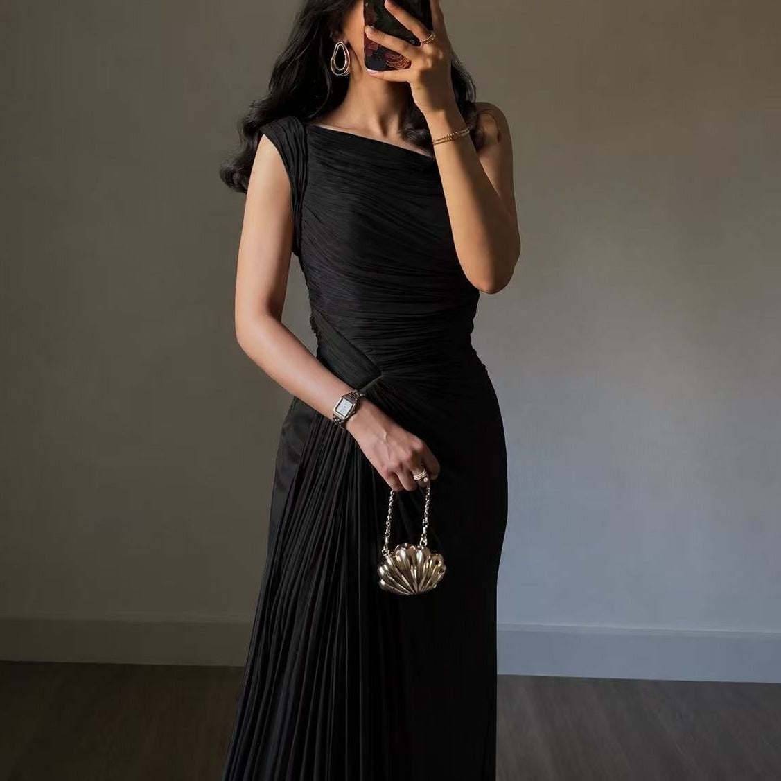 Ruched Shimmer One Shoulder Slit Maxi Gown - Black