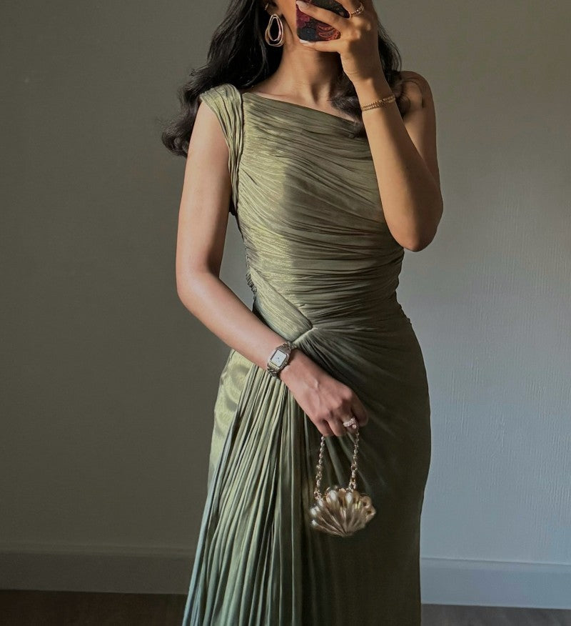 Ruched Shimmer One Shoulder Slit Maxi Gown - Olive