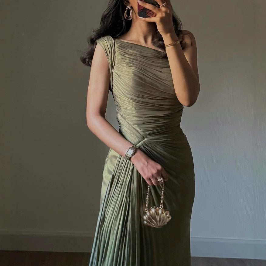 Ruched Shimmer One Shoulder Slit Maxi Gown