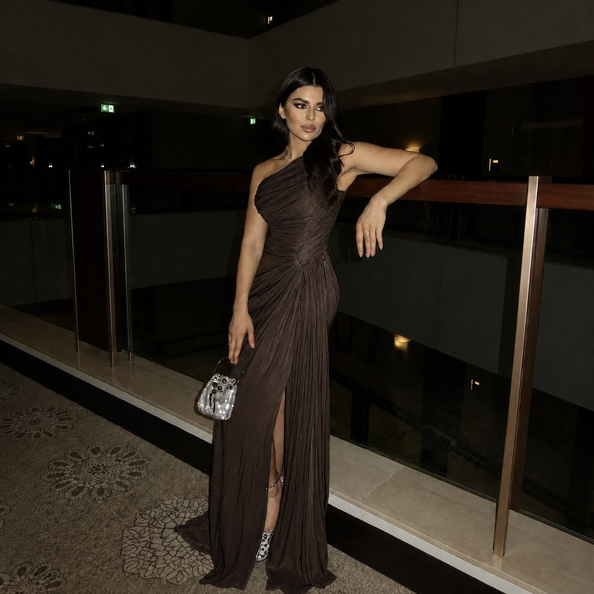Ruched Shimmer One Shoulder Slit Maxi Gown