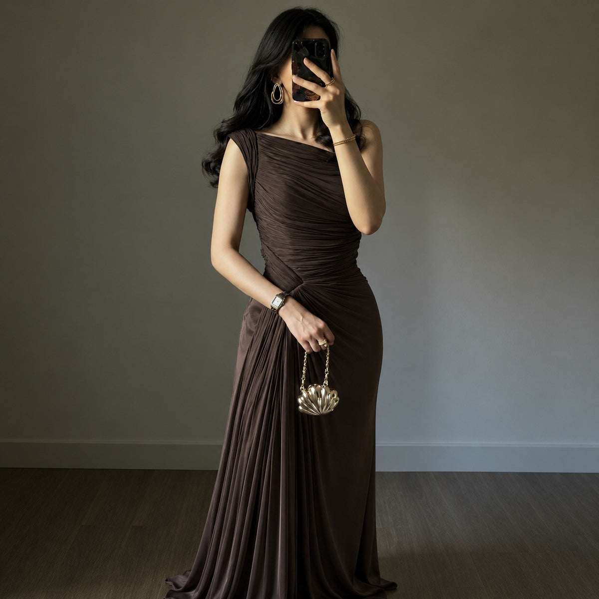 Ruched Shimmer One Shoulder Slit Maxi Gown