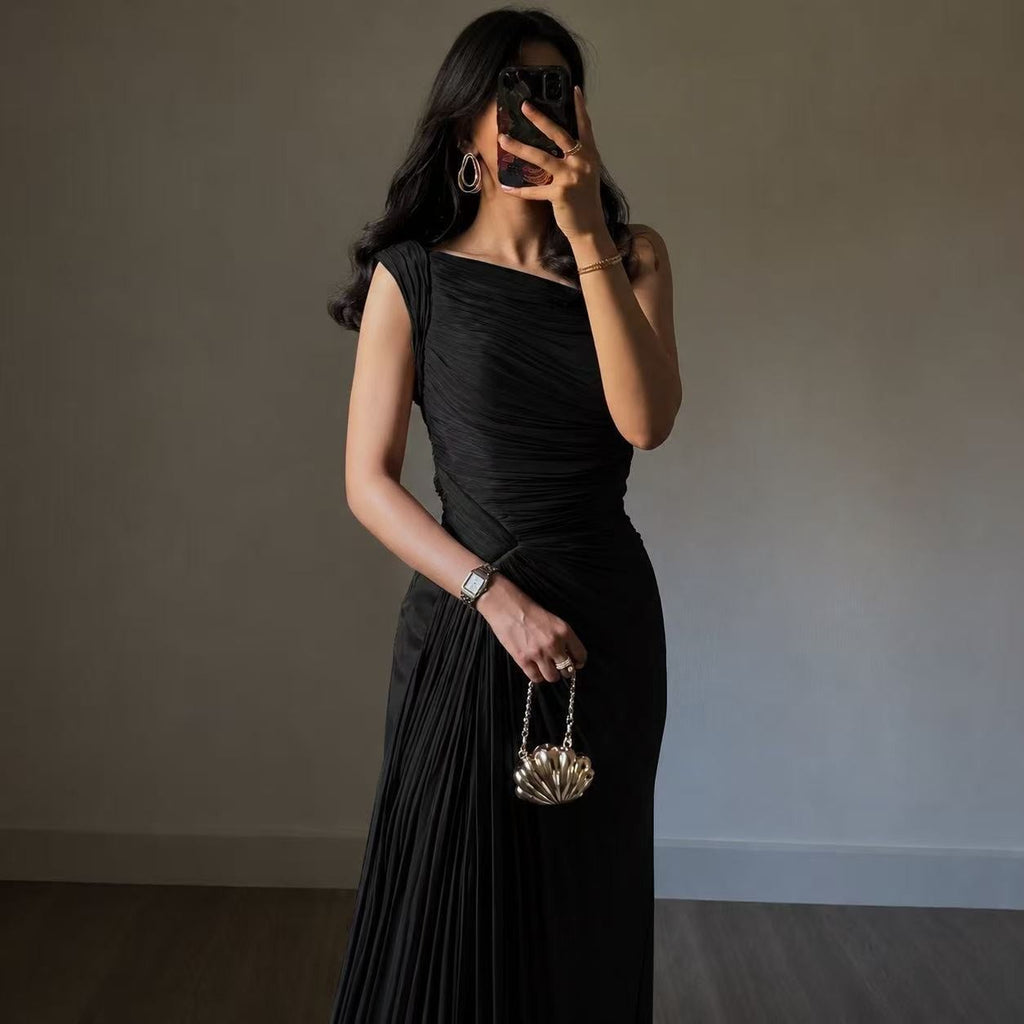 Ruched Shimmer One Shoulder Slit Maxi Gown