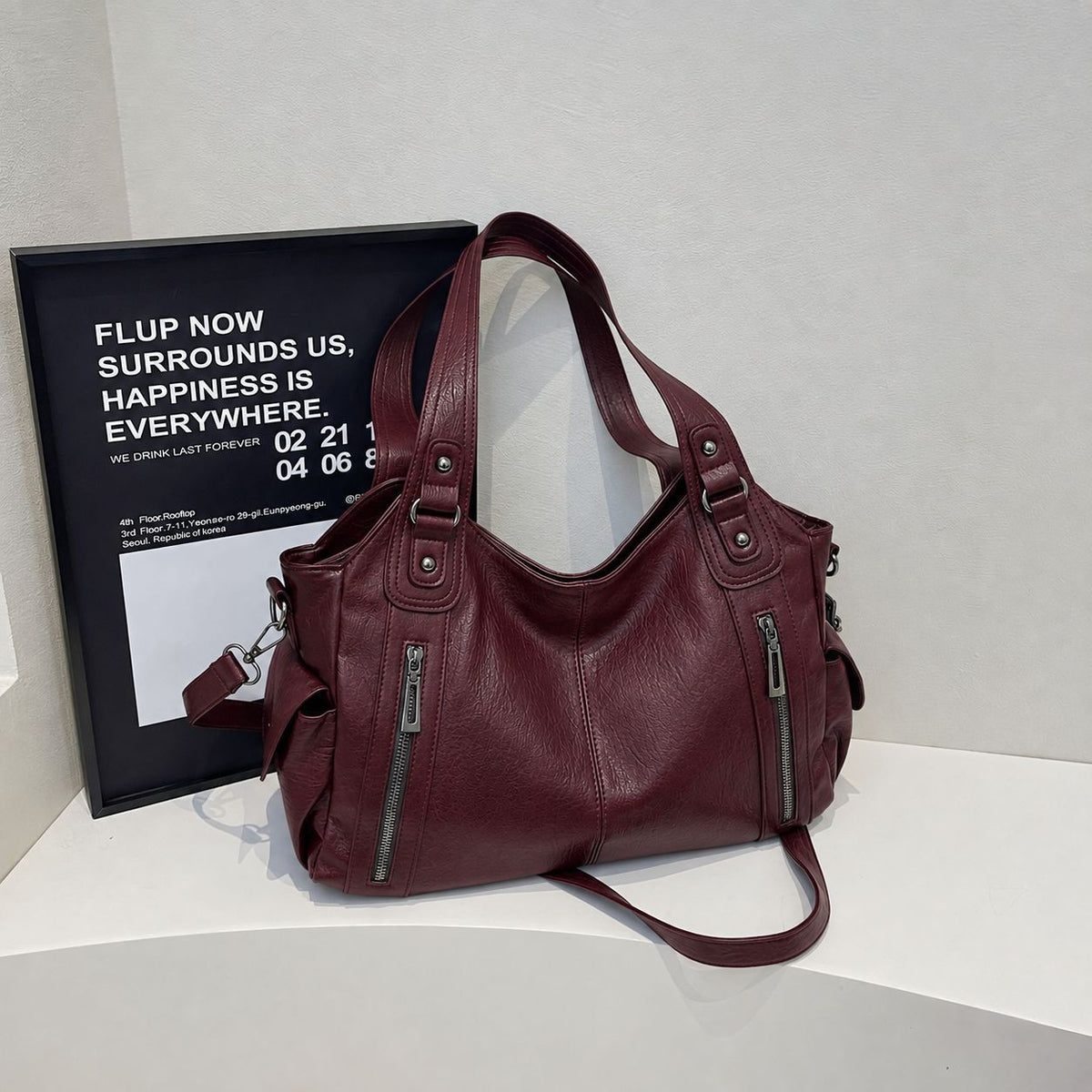 Slouchy Multi-Zip Hobo Shoulder Bag - Burgundy