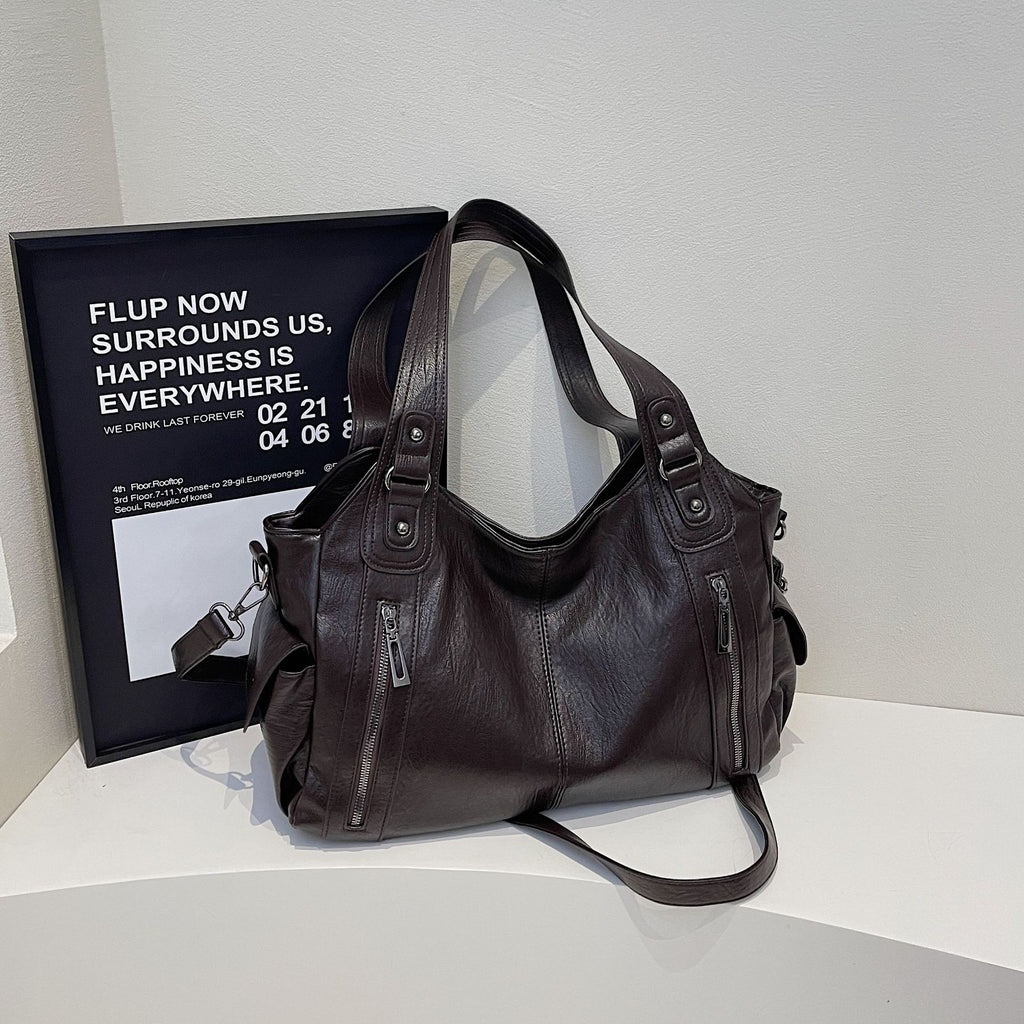 Slouchy Multi-Zip Hobo Shoulder Bag - Coffee