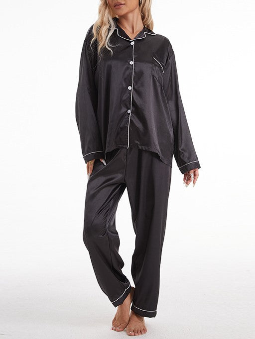 Piped Lapel Satin Pajama Set - Black