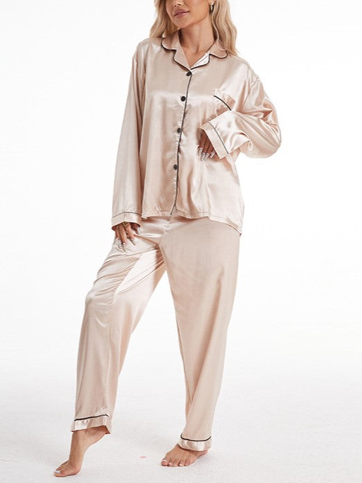 Piped Lapel Satin Pajama Set - Champagne