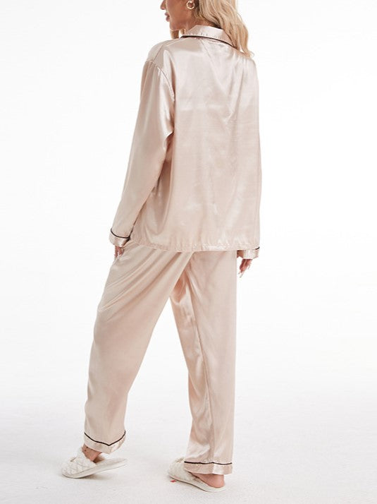 Piped Lapel Satin Pajama Set - Champagne - 1