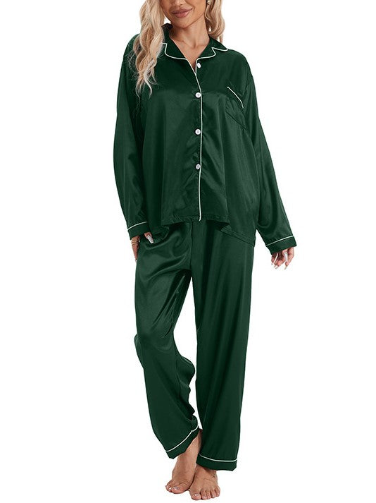 Piped Lapel Satin Pajama Set - Green
