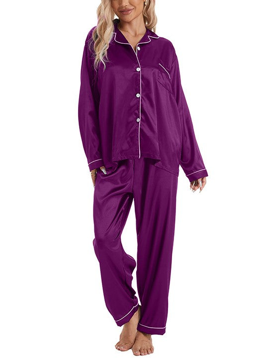 Piped Lapel Satin Pajama Set - Purple