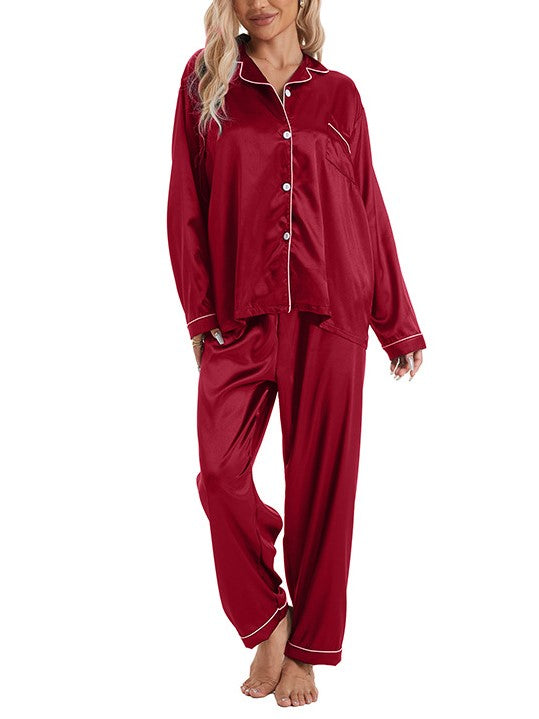 Piped Lapel Satin Pajama Set - Red