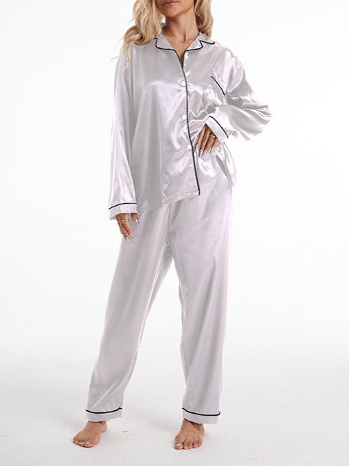 Piped Lapel Satin Pajama Set - White