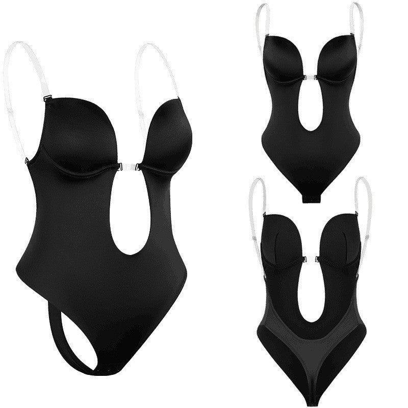 Nylon Deep Plunge Backless Push Up Shaping Bodysuit