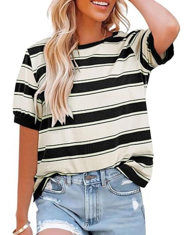 Striped Ringer Tee With Ribbed Crew Neck - Black