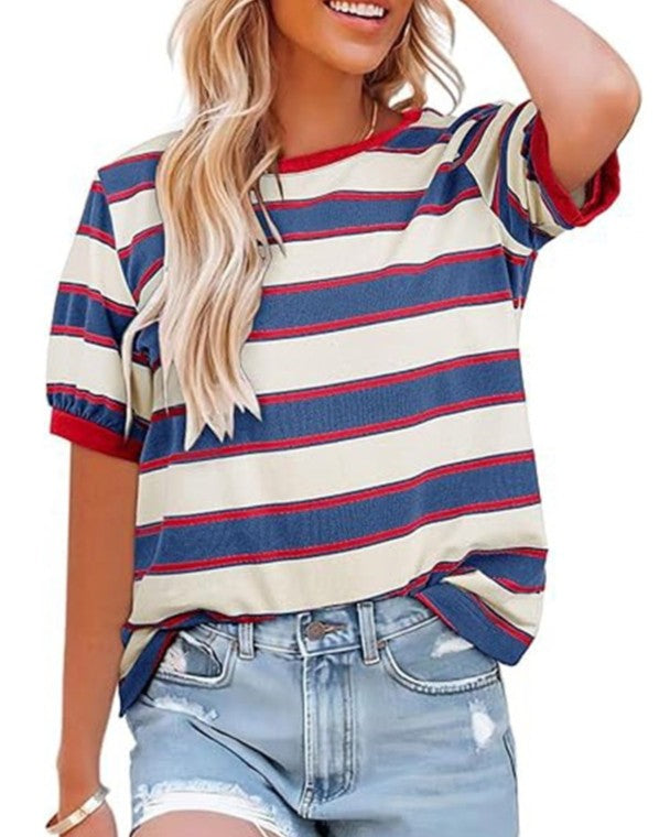 Striped Ringer Tee With Ribbed Crew Neck - Navy-Blue