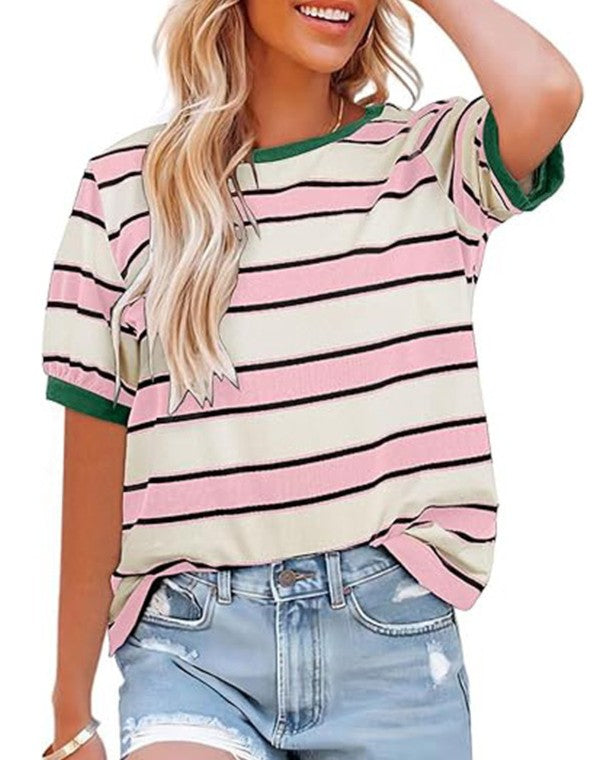 Striped Ringer Tee With Ribbed Crew Neck - Pink
