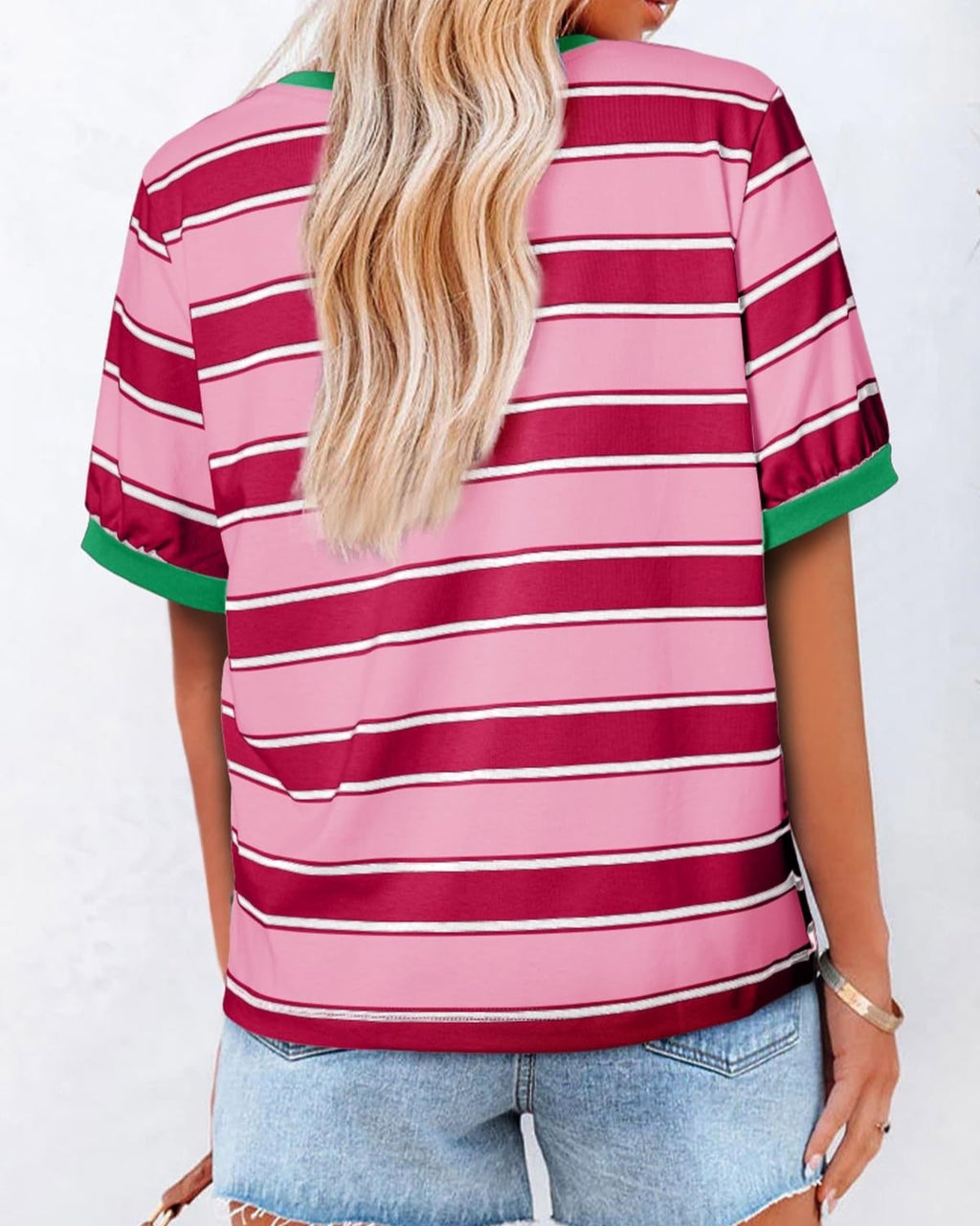 Striped Ringer Tee With Ribbed Crew Neck - Rose-Red - 1