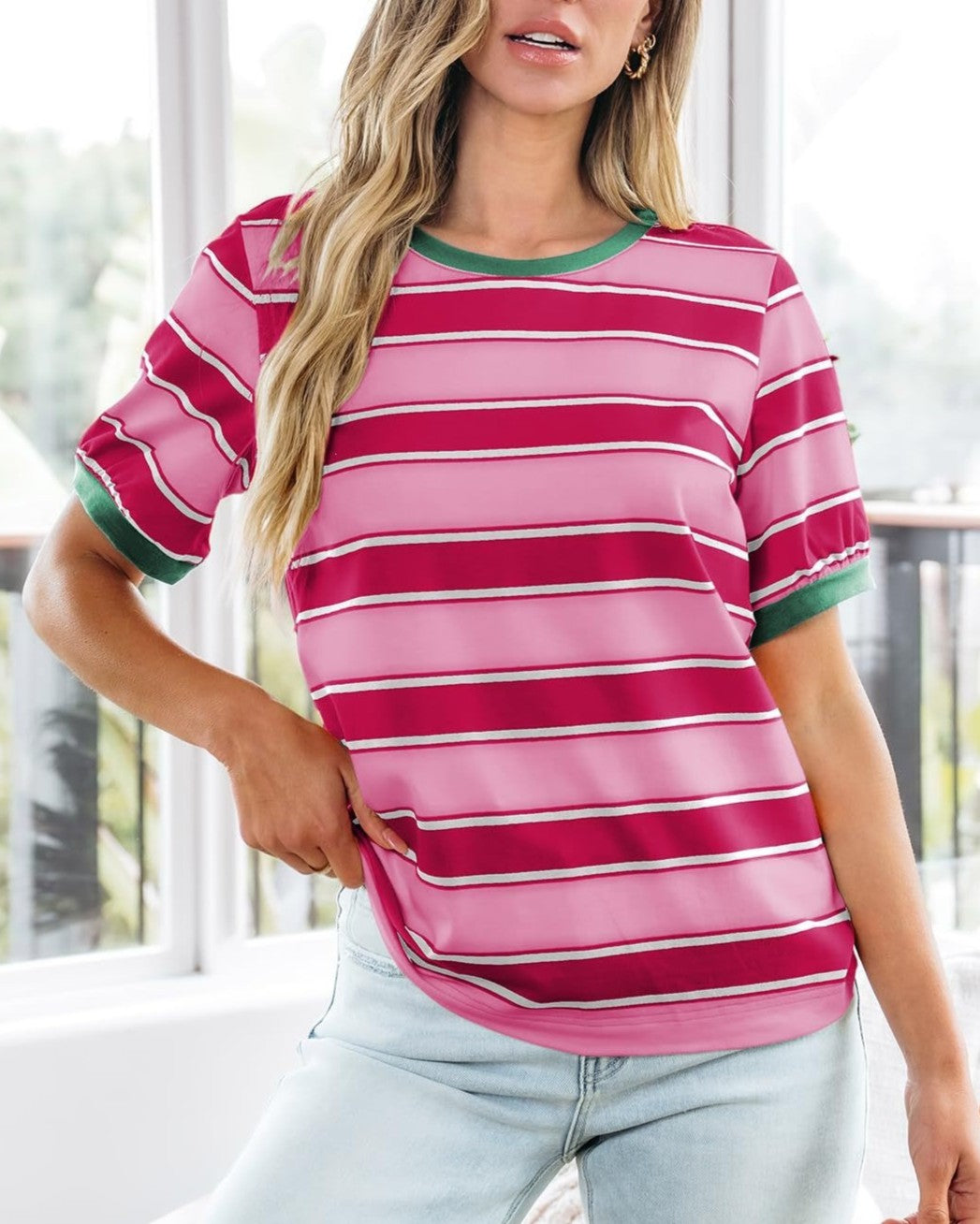 Striped Ringer Tee With Ribbed Crew Neck - Rose-Red - 2