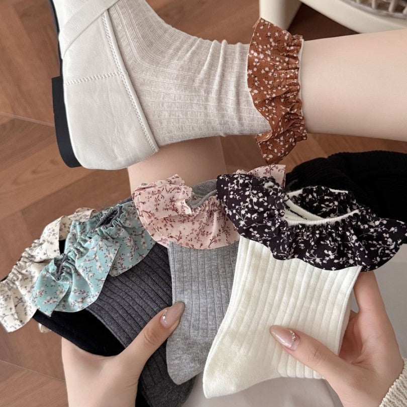 Floral Ruffle Cuff Ribbed Crew Socks