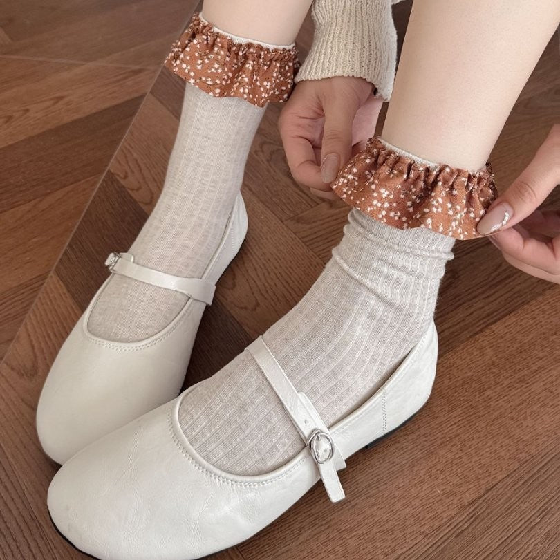 Floral Ruffle Cuff Ribbed Crew Socks - view 1