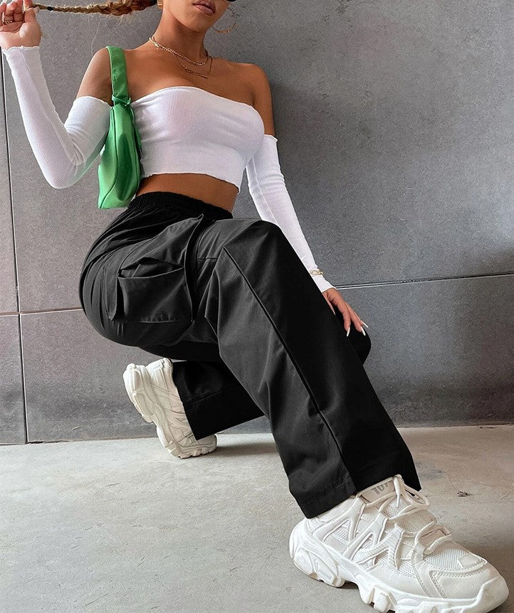 High Waist Cargo Wide Leg Pants - Black - 5