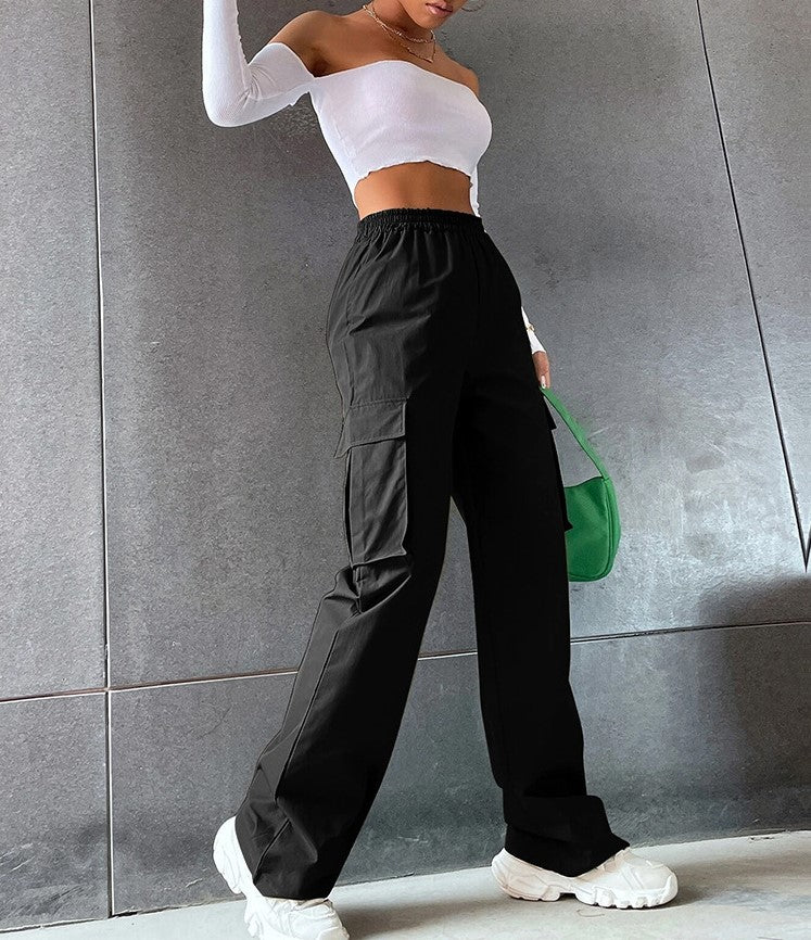 High Waist Cargo Wide Leg Pants - Black - 6