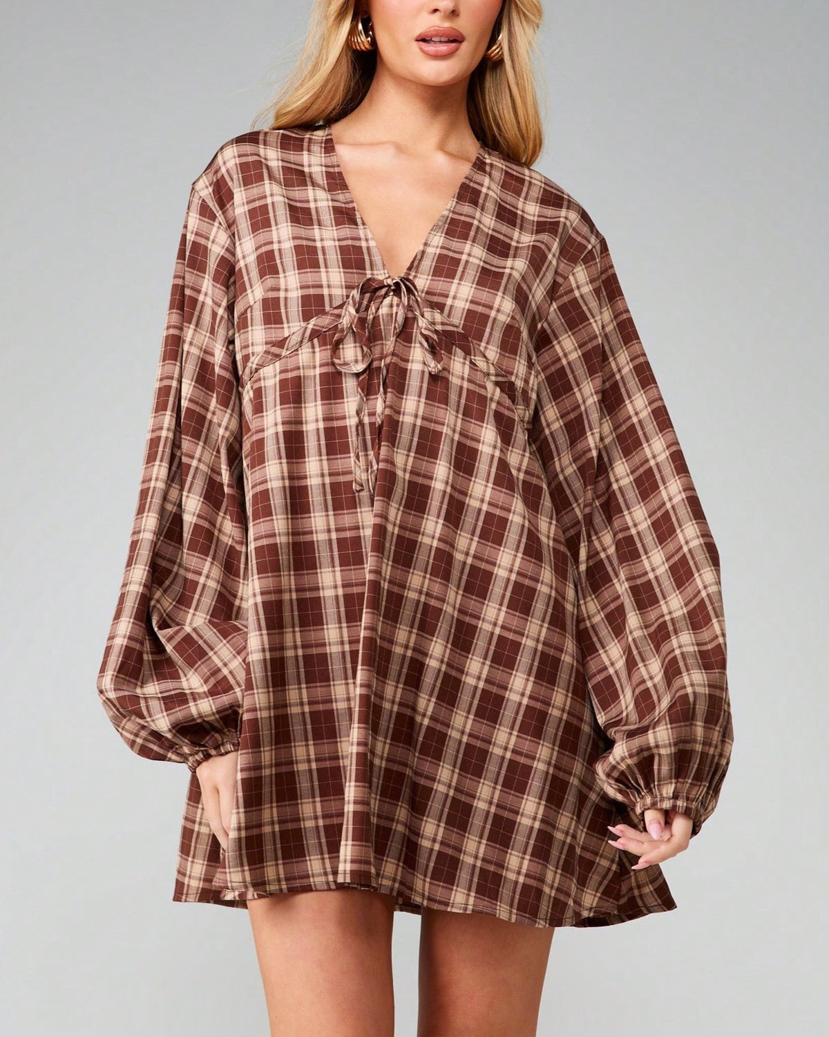 Plaid Babydoll Mini Dress With Puff Sleeves - Decor